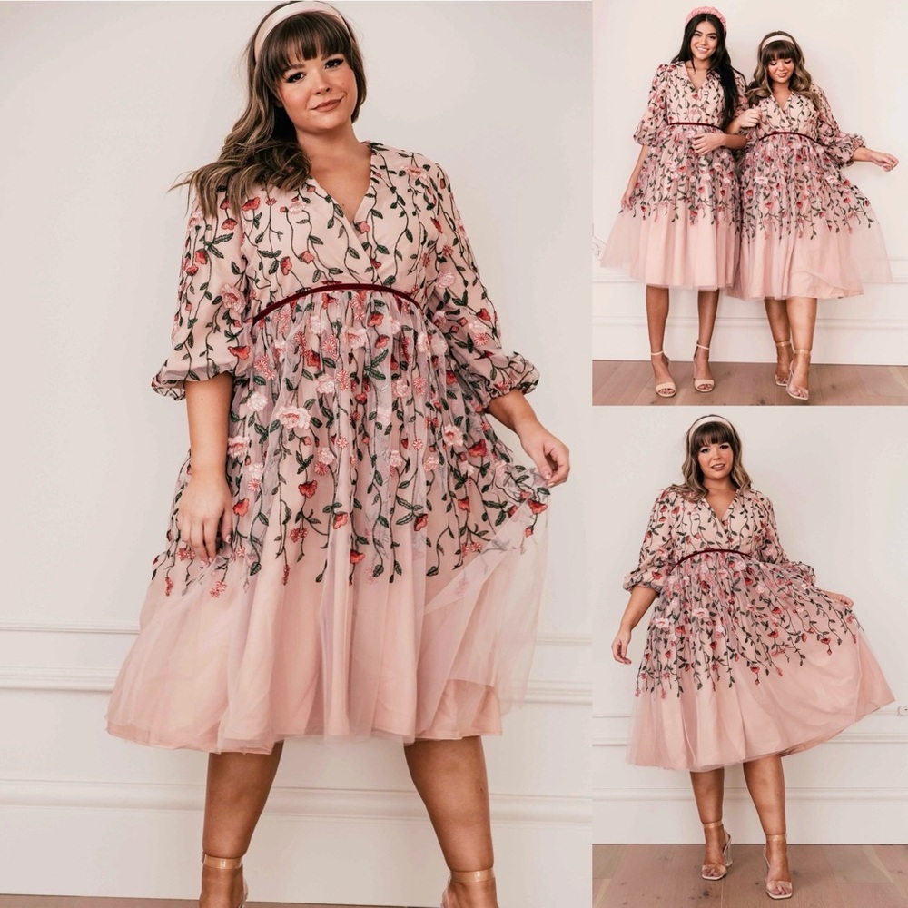 JessaKae Embroidered Holly Dress Blush Pink Tulle Floral 3/4 Sleeve V-Neck Lined - Picture 9 of 13